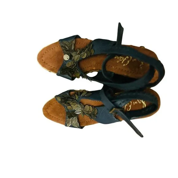 Sam Edelman Blue Leather Wedge Sandals Floral Coin Accents & Adjustable Straps - - Picture 4 of 8